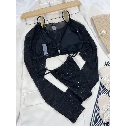Sparkly Black Glitter Three Piece Swim Set