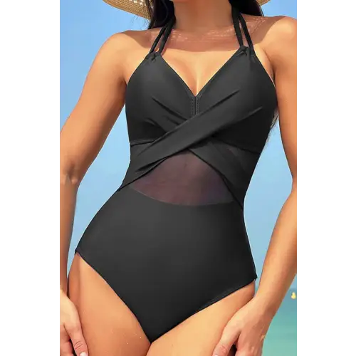 Stunning Crisscross Halter Neck One-Piece Swimwear in Sleek Black