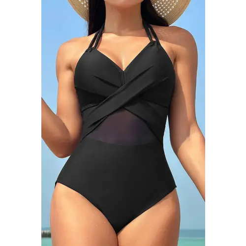 Stunning Crisscross Halter Neck One-Piece Swimwear in Sleek Black