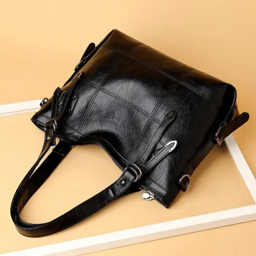 Stylish Black Leather Medium Handbag
