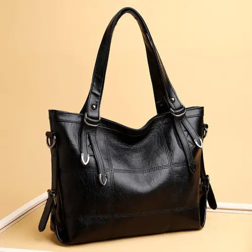 Stylish Black Leather Medium Handbag