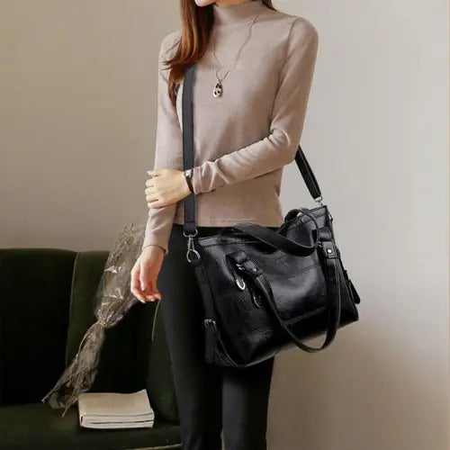 Stylish Black Leather Medium Handbag