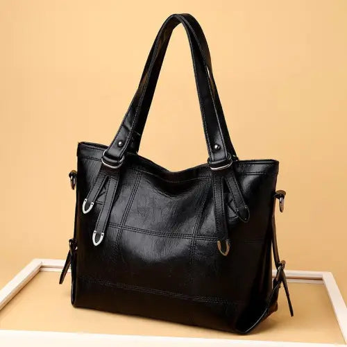 Stylish Black Leather Medium Handbag