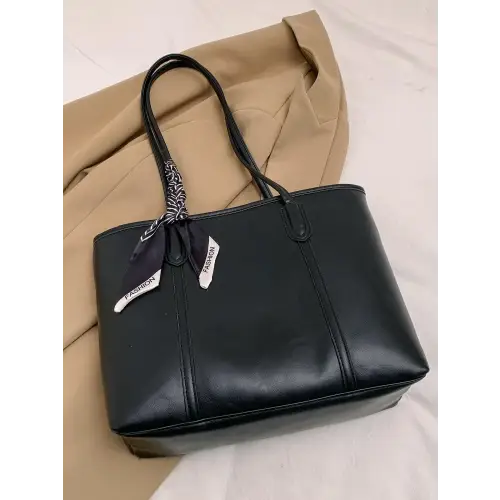 Stylish Black Leather Tote Bag with Elegant Scarf Accent