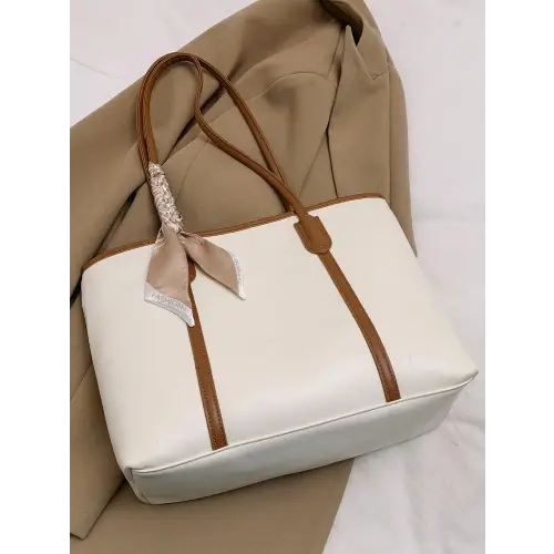 Stylish Black Leather Tote Bag with Elegant Scarf Accent