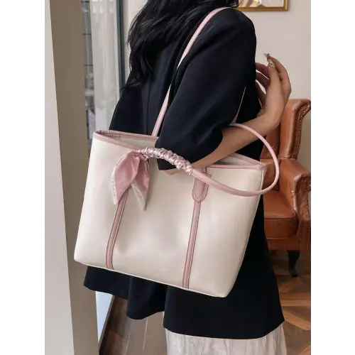 Stylish Black Leather Tote Bag with Elegant Scarf Accent