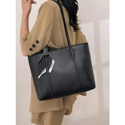 Stylish Black Leather Tote Bag with Elegant Scarf Accent Black One Size