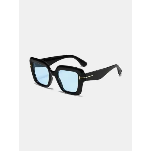 Stylish Black Square Sunglasses with Blue Lenses and Polycarbonate Frame Pastel Blue One Size