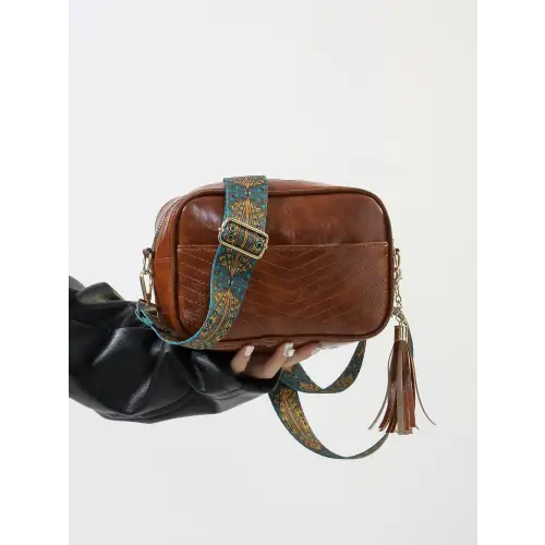 Stylish Brown Leather Crossbody Bag with Trendy Printed Strap Cassette Caramel One Size