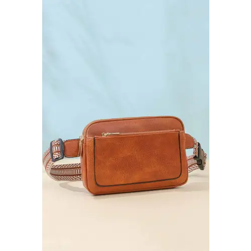 Stylish Brown Leather Rectangle Crossbody with Unique Patterned Strap Caramel One Size