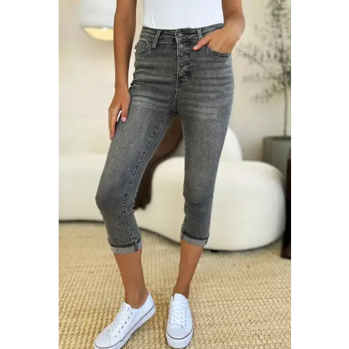 Button Fly Cuffed Capris GRAY