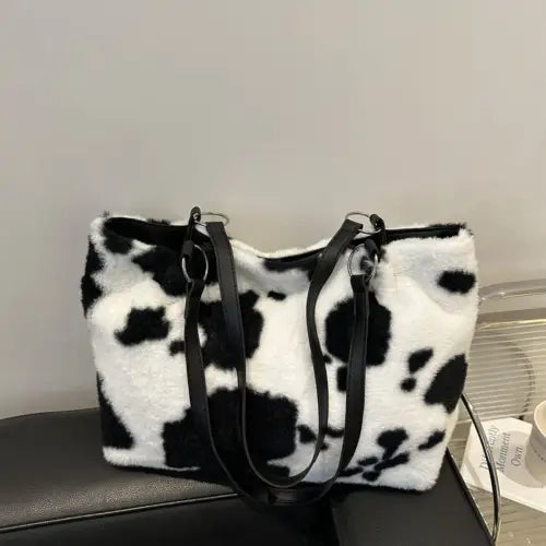 Stylish Cow Print Furry Tote Bag for Trendy Animal Lovers
