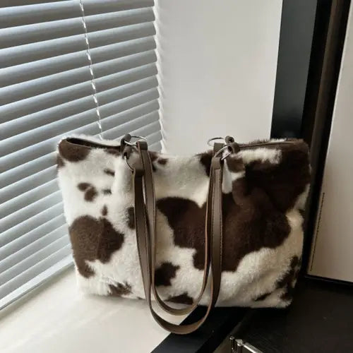 Stylish Cow Print Furry Tote Bag for Trendy Animal Lovers Chocolate One Size
