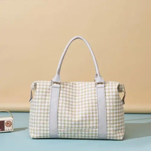 Stylish Houndstooth Canvas Travel Bag Tan One Size