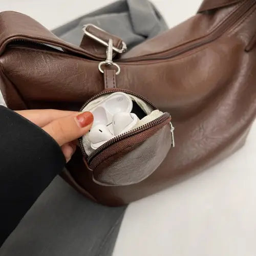 Stylish Leather Crossbody Bag with Earbud Case and Small Purse