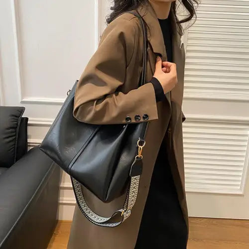 Stylish Leather Large Tote Bag with Patterned Strap