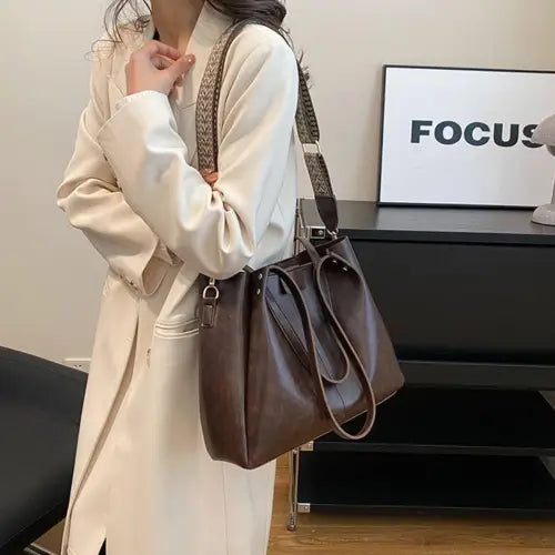 Stylish Leather Large Tote Bag with Patterned Strap