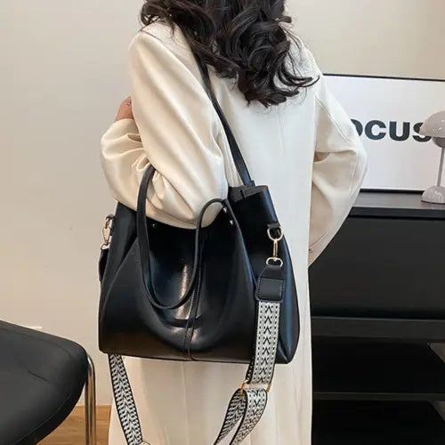 Stylish Leather Large Tote Bag with Patterned Strap