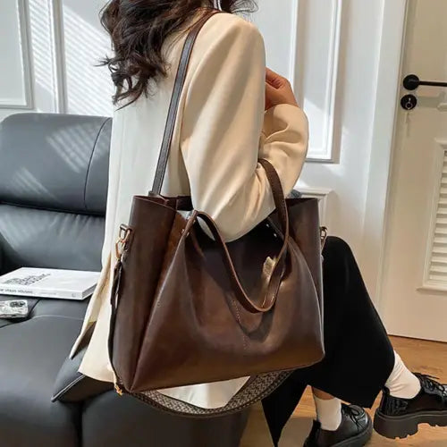 Stylish Leather Large Tote Bag with Patterned Strap