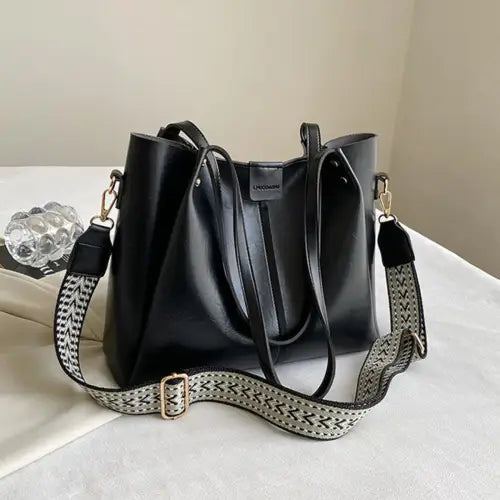 Stylish Leather Large Tote Bag with Patterned Strap