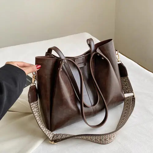 Stylish Leather Large Tote Bag with Patterned Strap Chocolate One Size