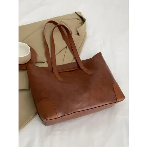 Stylish Leather Medium Tote Bag Brown One Size