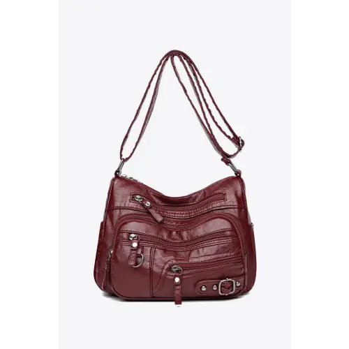 Stylish Maroon Multi-Pocket PU Leather Crossbody Bag Burgundy One Size