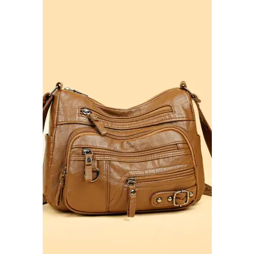 Stylish Maroon Multi-Pocket PU Leather Crossbody Bag