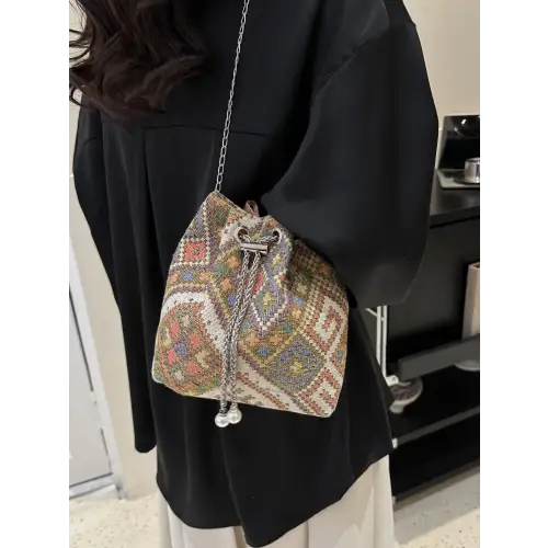 Stylish Printed Chain Bucket Bag Camel One Size