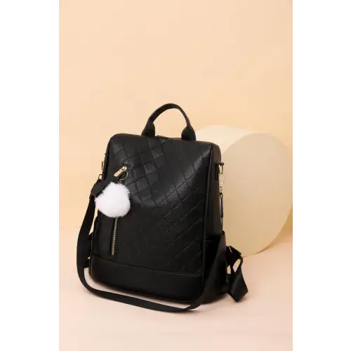 Stylish Pum-Pum Zipper Backpack with Playful Pompom Accent