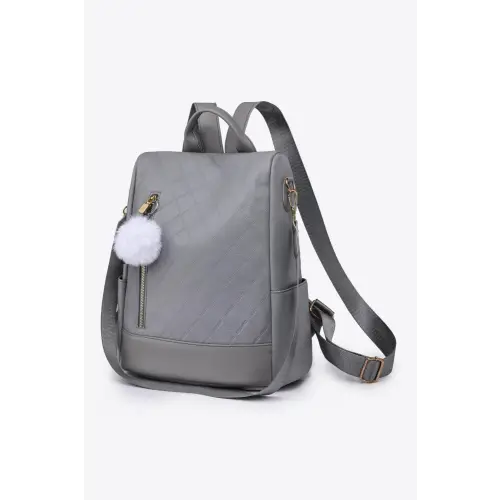 Stylish Pum-Pum Zipper Backpack with Playful Pompom Accent Dark Gray One Size