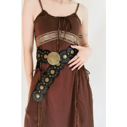 Round Leather Belt Black Gold One Size