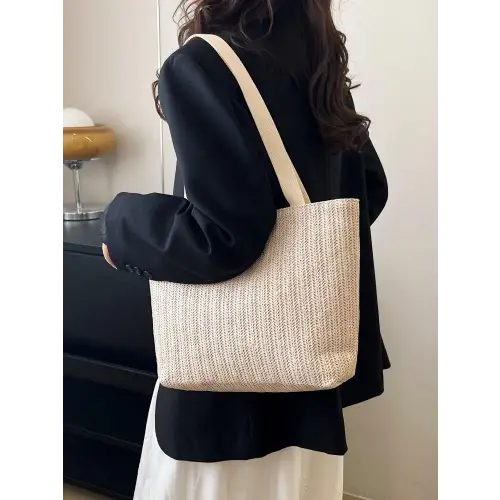 Stylish Straw Woven Tote Bag with Cream Straps for Summer Adventures Beige One Size