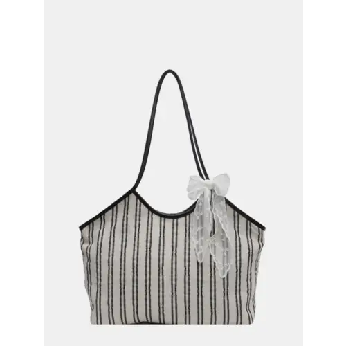 Stylish Striped Canvas Tote Bag Beige One Size