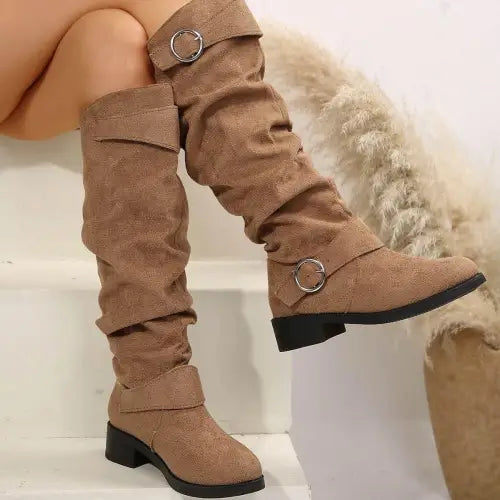 Stylish Tan Suede Buckle Round Toe Block Heel Boots for Fall Taupe