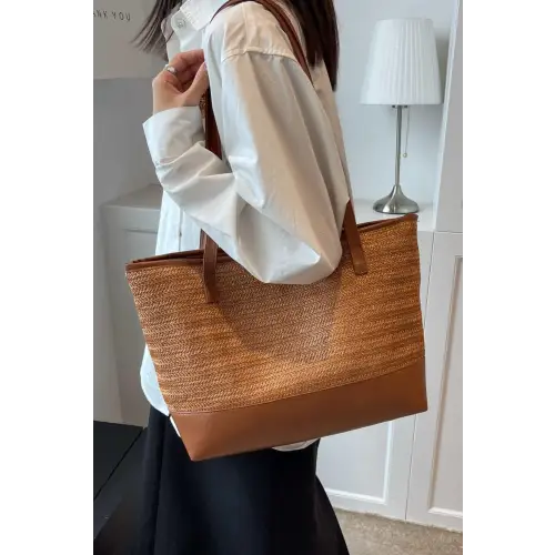 Stylish Woven Tote bag with Leather Straps Large Capacity Caramel One Size