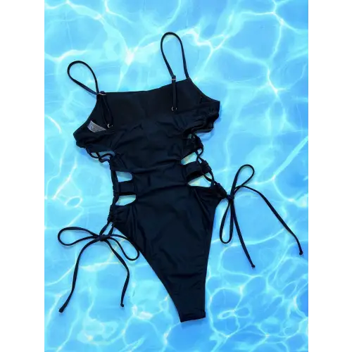 Sultry Cutout Lace-Up Spaghetti Strap One-Piece Swimsuit