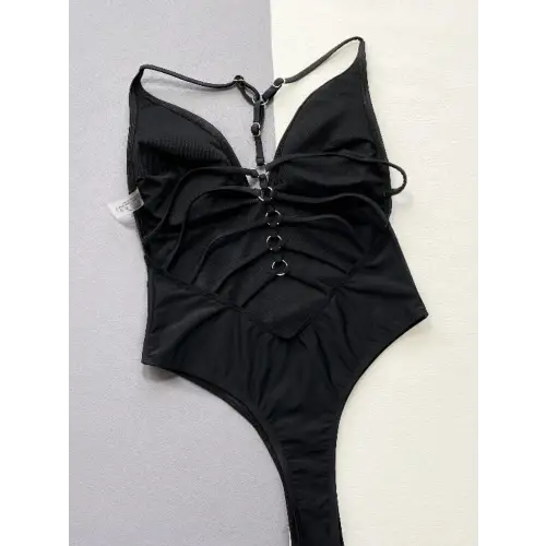 Sultry Cutout Plunge Spaghetti Strap One-Piece Black Swimsuit