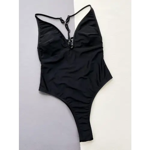 Sultry Cutout Plunge Spaghetti Strap One-Piece Black Swimsuit