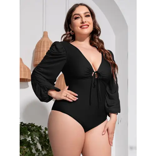 Sultry Deep V Balloon Sleeve One-Piece Swimsuit for Curves Black