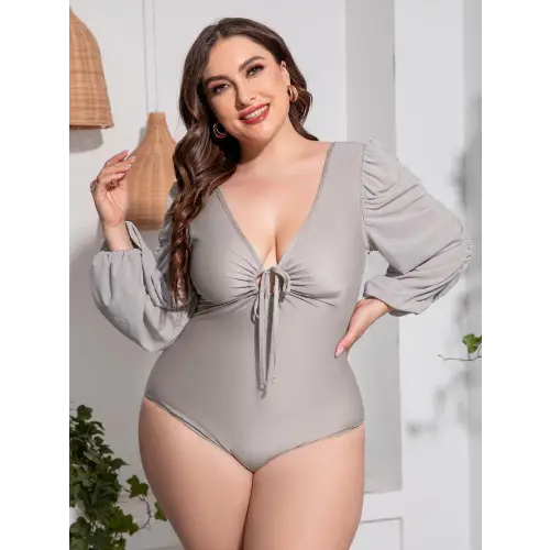 Sultry Deep V Balloon Sleeve One-Piece Swimsuit for Curves