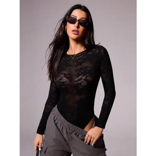 Sultry Black Long Sleeve Lace Bodysuit Black
