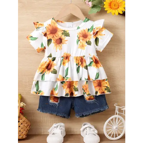 Sunflower Ruffled Two Piece Baby Outfit with Layered Fringe Design Floral