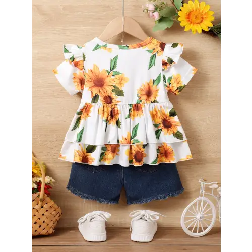 Sunflower Ruffled Two Piece Baby Outfit with Layered Fringe Design