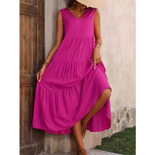 Tiered Cotton Comfort Dress for Women - Slightly Stretchy & Effortlessly Chic Hot Pink