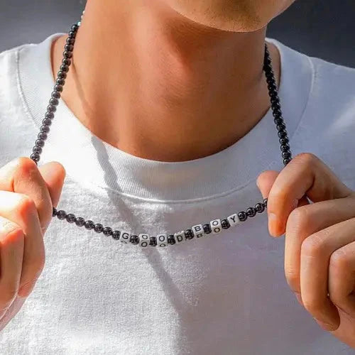 Black Beaded Necklace Square Good Boy