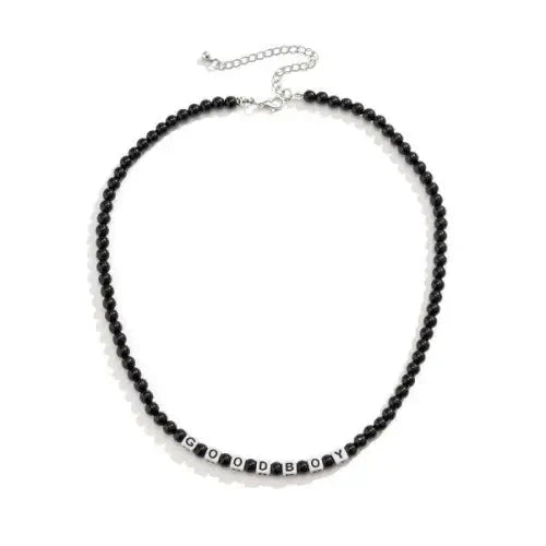 Black Beaded Necklace Square Good Boy
