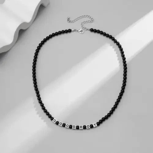 Black Beaded Necklace Square Good Boy