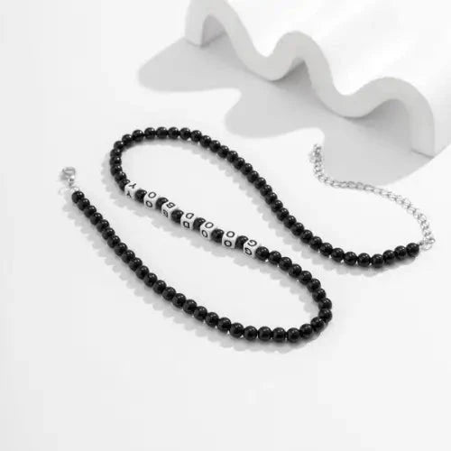Black Beaded Necklace Square Good Boy