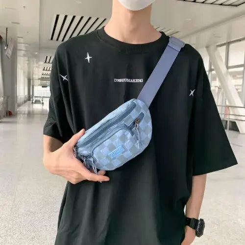 Trendy Blue Checkered Adjustable Strap Nylon Crossbody Fanny Pack